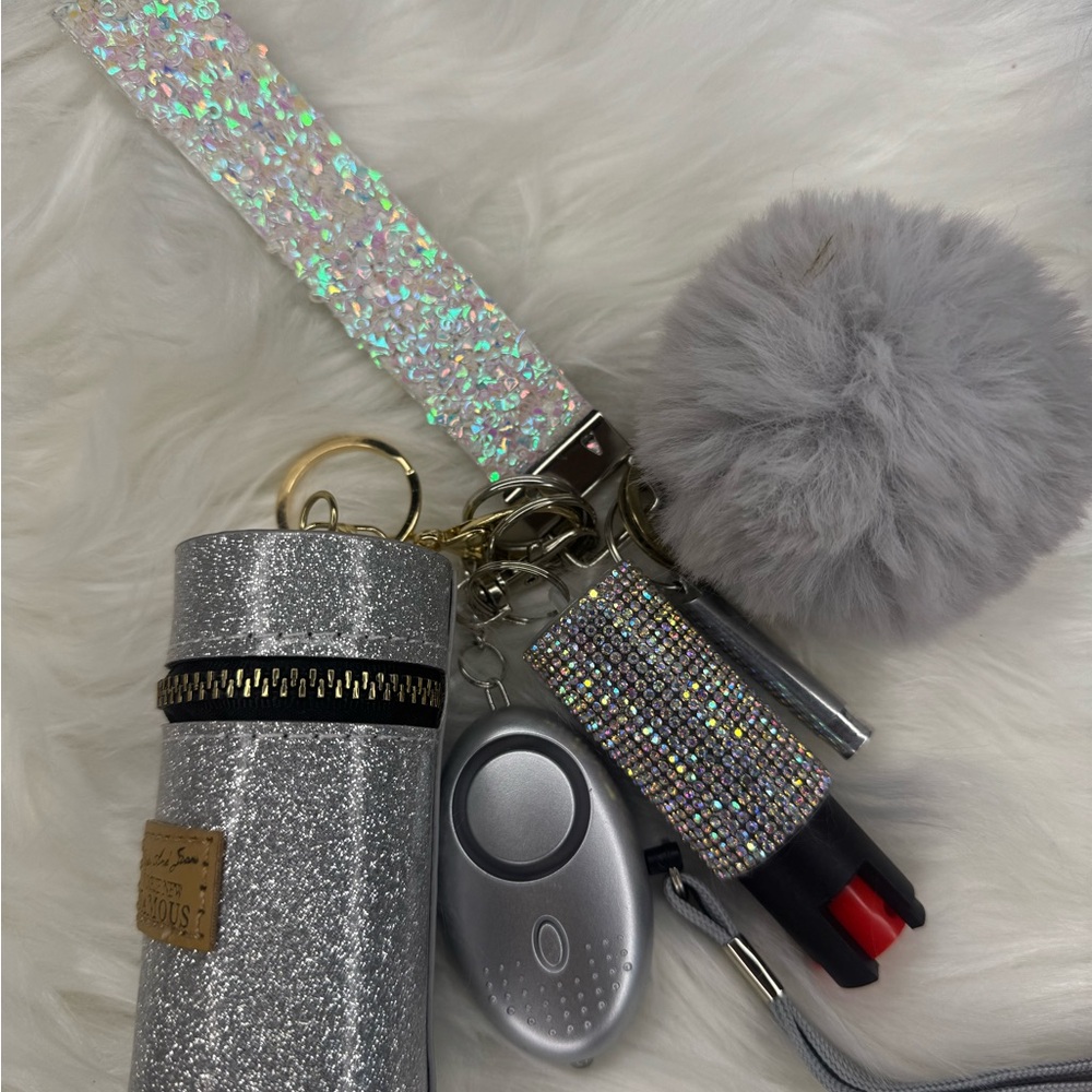 Silver Glitter Keychain Set with Gray Pom Pom
